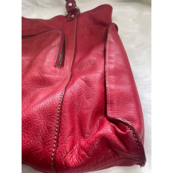 Large Red Leather Tote Bag With Double Handles Front Zipper Pocket - Picture 2 of 14
